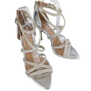 JESSICA SIMPSON! SILVER RHINESTONE CRISS-CROSS STRAPPY ZIP BACK HEELS! SZ 6M